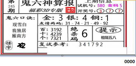 23245期: 福彩3D鬼六神算图