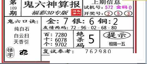 23109期: 福彩3D鬼六神算图