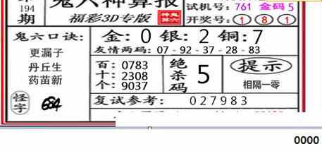 23194期: 福彩3D鬼六神算图