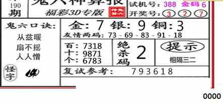 23190期: 福彩3D鬼六神算图